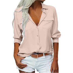 Button Down Shirt for Women Business Casual Blouse Office Lapel Collar Long Sleeve Tops with Pockets Fall Clothes in Saudi Arabia
