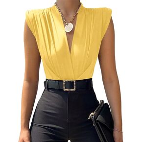 LYANER Women's Wraped V Neck Ruched Sleeveless Tank Leotard Bodysuit Top in Saudi Arabia