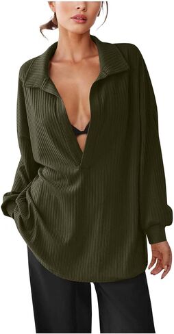 Oversized Sweaters for Women Long Sleeve Ribbed Knit Shirts Lapel Collar Loose Deep V Neck Tunic Tops Fall Outfits in Saudi Arabia
