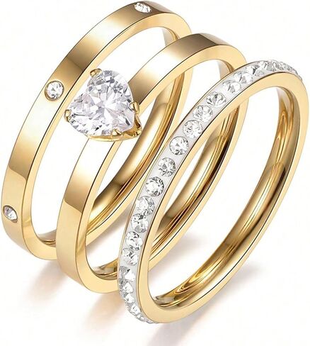 DwearBeauty Stainless Steel Stacking Tiny 3 Rings Set for Women，Cubic Zirconia Statement Ring Set Size 5-10 in Saudi Arabia