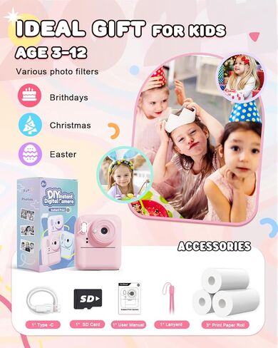 كاميرا Joyjam Kids ، طباعة فورية ، ترقية كاميرا رقمية مزدوجة العدسة للأطفال ، HD 1080p ، هدايا عيد ميلاد عيد الميلاد للبنات التي تبلغ من العمر 3-12 عامًا ، لعبة صغار محمولة مع بطاقة طباعة SD 3 Rolls in Kuwait