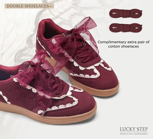Lucky Step Women's Lace Bevertains Casual Sneakers Orgonza Ribbon Lace-Up Fashion Vintage Gum Sole Trendy Trendy Shoes in Kuwait