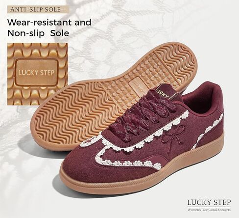 Lucky Step Women's Lace Bevertains Casual Sneakers Orgonza Ribbon Lace-Up Fashion Vintage Gum Sole Trendy Trendy Shoes in Kuwait