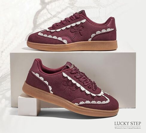 Lucky Step Women's Lace Bevertains Casual Sneakers Orgonza Ribbon Lace-Up Fashion Vintage Gum Sole Trendy Trendy Shoes in Kuwait