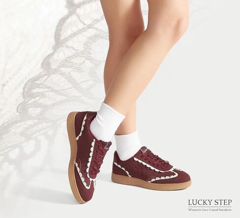 Lucky Step Women's Lace Bevertains Casual Sneakers Orgonza Ribbon Lace-Up Fashion Vintage Gum Sole Trendy Trendy Shoes in Kuwait