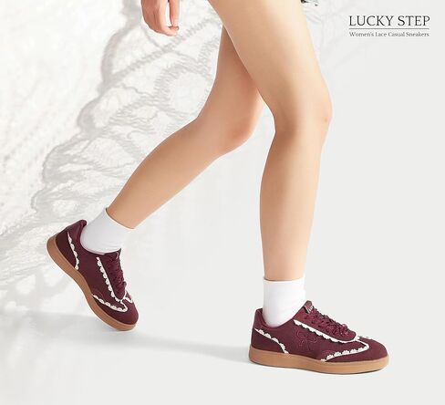 Lucky Step Women's Lace Bevertains Casual Sneakers Orgonza Ribbon Lace-Up Fashion Vintage Gum Sole Trendy Trendy Shoes in Kuwait