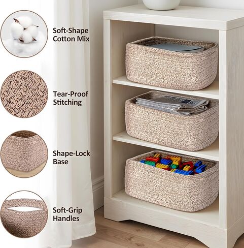 5-Pack Small Woven Rope Storage Baskets, 2 Sizes Organizer Bins | Fabric Cube Boxes and Rectangular Shallow Bins for Closet, Shelf, Bookshelf, Nursery, Changing Table, Bathroom, Toys & Home in Saudi Arabia