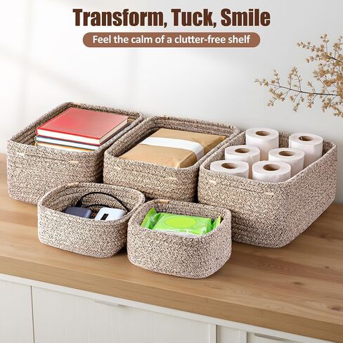 5-Pack Small Woven Rope Storage Baskets, 2 Sizes Organizer Bins | Fabric Cube Boxes and Rectangular Shallow Bins for Closet, Shelf, Bookshelf, Nursery, Changing Table, Bathroom, Toys & Home in Saudi Arabia