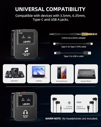 LEKATO Wireless in-Ear Monitor MS-20 Charging, 30H Battery Life with Box, 2.4G IEM System 1Transmitter 2 Receivers Auto-Pairing,OTG Support,One to More, in-Ear Monitoring for Studio,Live,Singer,Band in Saudi Arabia