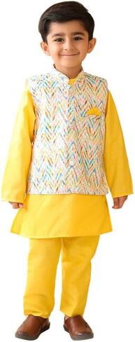 Boys Cotton Printed Gota Work Kurta Pyjama with Jacket Ethnic Wear Set in Kuwait