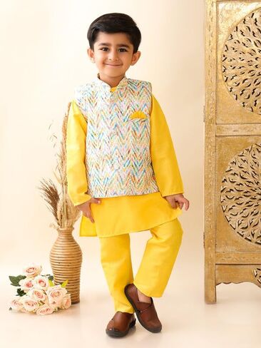 Boys Cotton Printed Gota Work Kurta Pyjama with Jacket Ethnic Wear Set in Kuwait
