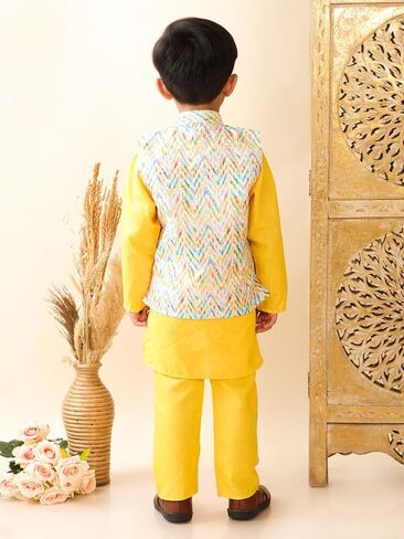 Boys Cotton Printed Gota Work Kurta Pyjama with Jacket Ethnic Wear Set in Kuwait