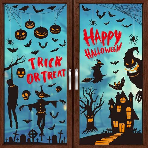 Happy Halloween Window Comings لنافذة زجاجية ، خدعة أو علاج ملصقات نافذة زخرفية وحش مضغوطة ، Spider Web Bat Silhouette Home Office Decor in Saudi Arabia