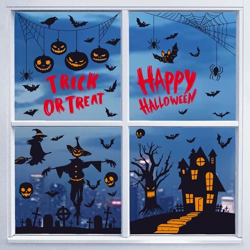 Happy Halloween Window Comings لنافذة زجاجية ، خدعة أو علاج ملصقات نافذة زخرفية وحش مضغوطة ، Spider Web Bat Silhouette Home Office Decor in Saudi Arabia