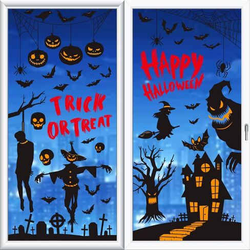 Happy Halloween Window Comings لنافذة زجاجية ، خدعة أو علاج ملصقات نافذة زخرفية وحش مضغوطة ، Spider Web Bat Silhouette Home Office Decor in Saudi Arabia