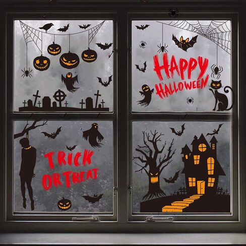 Happy Halloween Window Comings لنافذة زجاجية ، خدعة أو علاج ملصقات نافذة زخرفية وحش مضغوطة ، Spider Web Bat Silhouette Home Office Decor in Saudi Arabia