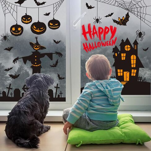 Happy Halloween Window Comings لنافذة زجاجية ، خدعة أو علاج ملصقات نافذة زخرفية وحش مضغوطة ، Spider Web Bat Silhouette Home Office Decor in Saudi Arabia