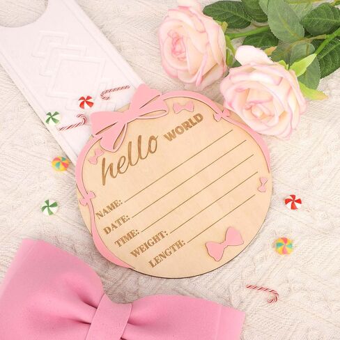 Hello World Newborn Sign Pink Bow ، 7.1 بوصة علامة إعلان ميلاد خشبية للبنات للبنات ، مرحبًا in Saudi Arabia