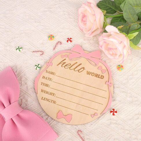 Hello World Newborn Sign Pink Bow ، 7.1 بوصة علامة إعلان ميلاد خشبية للبنات للبنات ، مرحبًا in Saudi Arabia