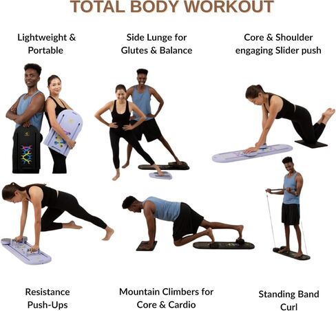 7-in-1 Pilates Boarder المصلح ، Poltable Pilates Board Pilates Pilates Pilates معدات مصلحة مع مؤقت للتدريبات المنزلية مع Mance Bands Core Glider Push-Up Machine Pilates Pilates in Saudi Arabia