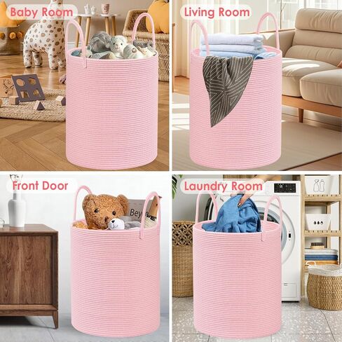 Cotton Rope Laundry Basket Hamper for Girls Kids Baby Nursery Hamper Bin Woven Blanket Basket for Living Room cute baby laundry basket Storage Basket for Nursery Toy Storage Bin&Box(Pink) in Saudi Arabia