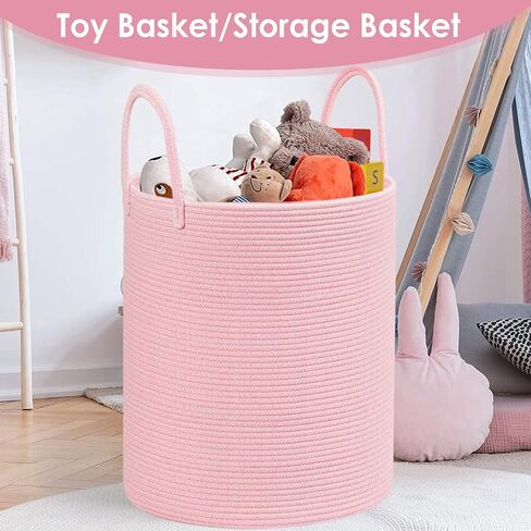 Cotton Rope Laundry Basket Hamper for Girls Kids Baby Nursery Hamper Bin Woven Blanket Basket for Living Room cute baby laundry basket Storage Basket for Nursery Toy Storage Bin&Box(Pink) in Saudi Arabia