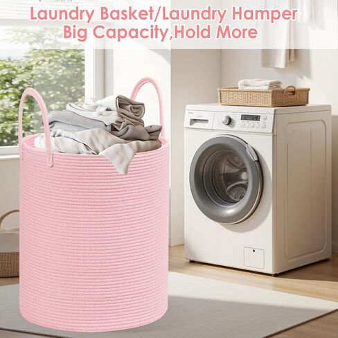 Cotton Rope Laundry Basket Hamper for Girls Kids Baby Nursery Hamper Bin Woven Blanket Basket for Living Room cute baby laundry basket Storage Basket for Nursery Toy Storage Bin&Box(Pink) in Saudi Arabia