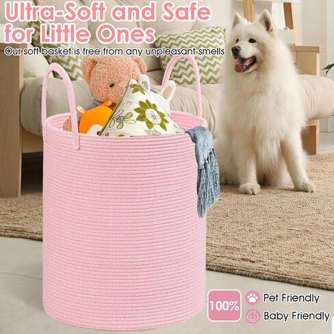 Cotton Rope Laundry Basket Hamper for Girls Kids Baby Nursery Hamper Bin Woven Blanket Basket for Living Room cute baby laundry basket Storage Basket for Nursery Toy Storage Bin&Box(Pink) in Saudi Arabia