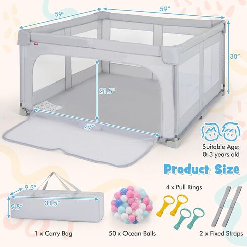 Costzon قابلة للطي للمسار للرضع ، 50''x50 '' Portable Play Pen مع 50 pcs balls Ocean Balls ، 4 مقابض ، حقيبة حمل ، شبكة مرئية ، مركز نشاط للأطفال مع أبواب ، بوابة داخلية وخارجية. in Saudi Arabia
