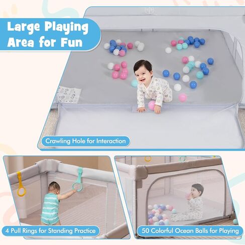 Costzon قابلة للطي للمسار للرضع ، 50''x50 '' Portable Play Pen مع 50 pcs balls Ocean Balls ، 4 مقابض ، حقيبة حمل ، شبكة مرئية ، مركز نشاط للأطفال مع أبواب ، بوابة داخلية وخارجية. in Saudi Arabia