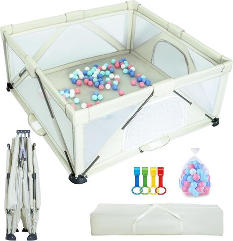 Foldable Baby Playpen 59X59 inch, iTiLike Playpen for Babies and Toddlers with 50 PCS Ocean Balls & 4 Handles, Indoor & Outdoor Kids Safety Play Pen Area, Portable Travel Play Yard in Saudi Arabia