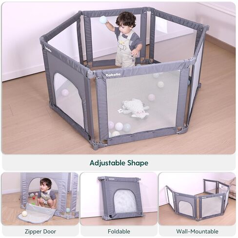 Babelio Foldable Playpen for Babies and Toddlers- Adjustable Shape & Area, 62 * 31" Playpen with Zipper Gate, Portable Baby Fence for Indoor & Outdoor, Multi-Functional Baby Play Yard in Kuwait