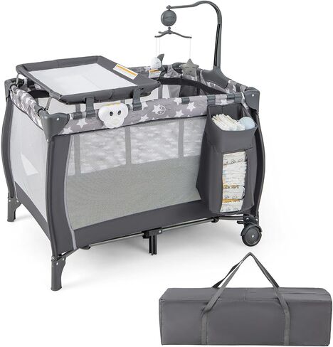 HONEY JOY Pack and Play, 3 in 1 Portable Baby Playard with Bassinet, Changing Table, Lockable Wheels, Music Box, Foldable Travel Baby Crib Nursery Center from Newborn to Toddler (Coffee Pink) in Saudi Arabia