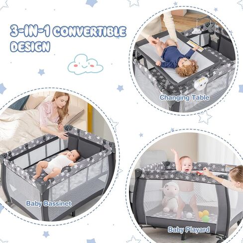 HONEY JOY Pack and Play, 3 in 1 Portable Baby Playard with Bassinet, Changing Table, Lockable Wheels, Music Box, Foldable Travel Baby Crib Nursery Center from Newborn to Toddler (Coffee Pink) in Saudi Arabia