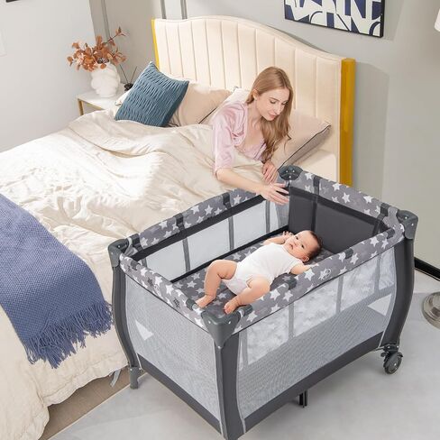 HONEY JOY Pack and Play, 3 in 1 Portable Baby Playard with Bassinet, Changing Table, Lockable Wheels, Music Box, Foldable Travel Baby Crib Nursery Center from Newborn to Toddler (Coffee Pink) in Saudi Arabia
