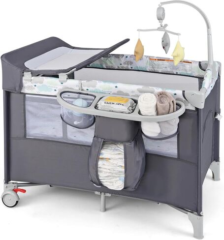 HONEY JOY Pack and Play with Bassinet, 5-in-1 Baby Bedside Sleeper w/Diaper Changing Table & Storage Bag, Toy Arch & Music Box, Detachable Side Rail, Portable Baby Play Yard w/Carry Bag(Beige) in Saudi Arabia