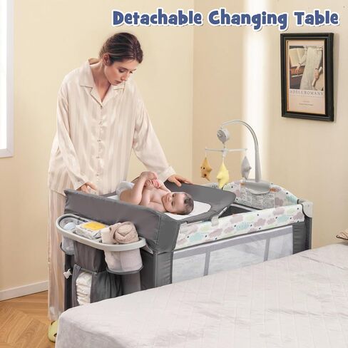 HONEY JOY Pack and Play with Bassinet, 5-in-1 Baby Bedside Sleeper w/Diaper Changing Table & Storage Bag, Toy Arch & Music Box, Detachable Side Rail, Portable Baby Play Yard w/Carry Bag(Beige) in Saudi Arabia
