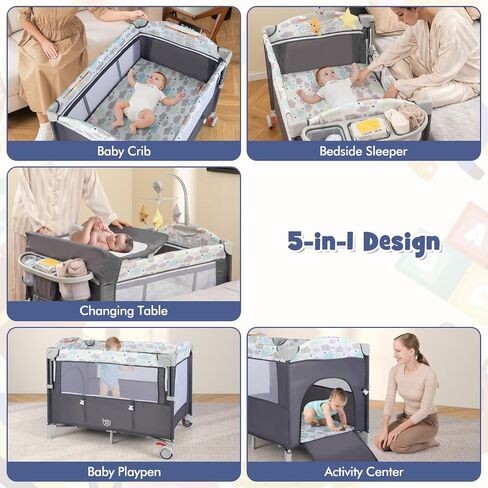 HONEY JOY Pack and Play with Bassinet, 5-in-1 Baby Bedside Sleeper w/Diaper Changing Table & Storage Bag, Toy Arch & Music Box, Detachable Side Rail, Portable Baby Play Yard w/Carry Bag(Beige) in Saudi Arabia