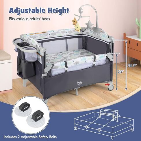 HONEY JOY Pack and Play with Bassinet, 5-in-1 Baby Bedside Sleeper w/Diaper Changing Table & Storage Bag, Toy Arch & Music Box, Detachable Side Rail, Portable Baby Play Yard w/Carry Bag(Beige) in Saudi Arabia