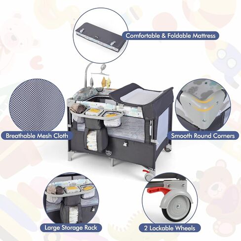 HONEY JOY Pack and Play with Bassinet, 5-in-1 Baby Bedside Sleeper w/Diaper Changing Table & Storage Bag, Toy Arch & Music Box, Detachable Side Rail, Portable Baby Play Yard w/Carry Bag(Beige) in Saudi Arabia