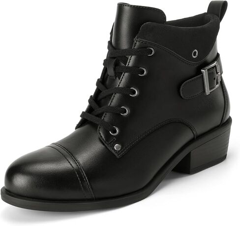 Athlefit Women's Short Ankle Boots Chunky Low Heel Round Toe Boots Comfortable Lace Up Booties with Side Zipper in Saudi Arabia