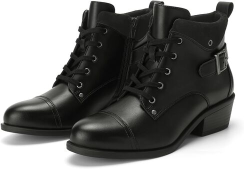 Athlefit Women's Short Ankle Boots Chunky Low Heel Round Toe Boots Comfortable Lace Up Booties with Side Zipper in Saudi Arabia