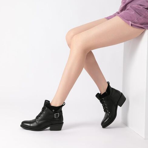 Athlefit Women's Short Ankle Boots Chunky Low Heel Round Toe Boots Comfortable Lace Up Booties with Side Zipper in Saudi Arabia