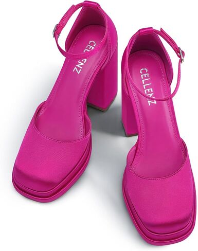 Women Chunky High Heels: Comfortable Ankle Strap Platform Pumps, Dress Wedding Shoes Party Bridal Graduation Pumps Black White Hot Pink Size 6-11 in Kuwait