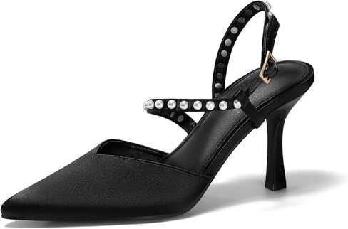 Coutgo Womens Pearl High Heels Closed Pointed Toe Wedding Bride Dress Shoes Ankle Strap Satin Pumps in Saudi Arabia