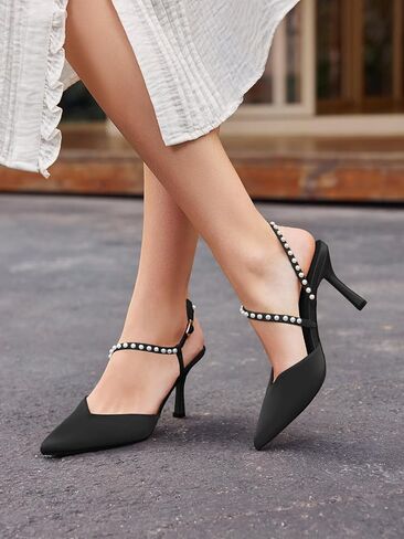 Coutgo Womens Pearl High Heels Closed Pointed Toe Wedding Bride Dress Shoes Ankle Strap Satin Pumps in Saudi Arabia
