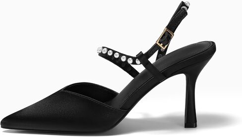 Coutgo Womens Pearl High Heels Closed Pointed Toe Wedding Bride Dress Shoes Ankle Strap Satin Pumps in Saudi Arabia