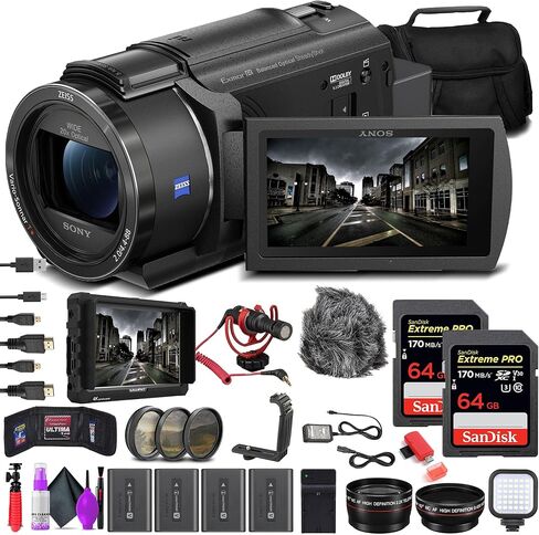 Sony FDR-AX43 UHD 4K Handycam Camcorder + 4K شاشة خارجي + 2 × 64 جيجابايت بطاقات الذاكرة + 3 X NP-FV70 بطاريات + 3 قطعة مرشح + عدسة زاوية واسعة + عدسة تليفوتوغرافية + حقيبة-حزمة مدونة in Kuwait