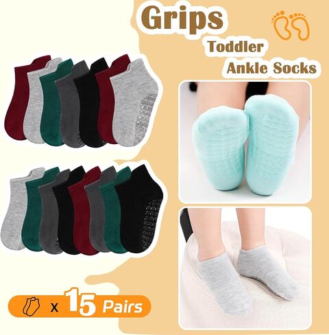Toddler Non Slip Socks, Kids Grip Ankle Socks, Anti Skid Sock 15 Pairs for Active Boys Girls Kids 6 Months-7 Years in Saudi Arabia
