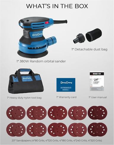 Dong Cheng 5-Inch Random Orbital Sander 380W 12800OPM Electric Palm Sander, 6 Variable Speeds, with 20pcs Sandpaper & Detachable Dust Bag, Power Sander for Woodworking, Sanding & Polishing (Renewed) in Saudi Arabia
